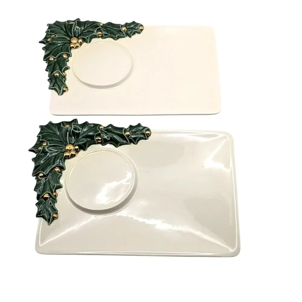 IRIS CERAMICS Holly Appetizer Plates Set 4 Drink Glass Holder Christmas Decor